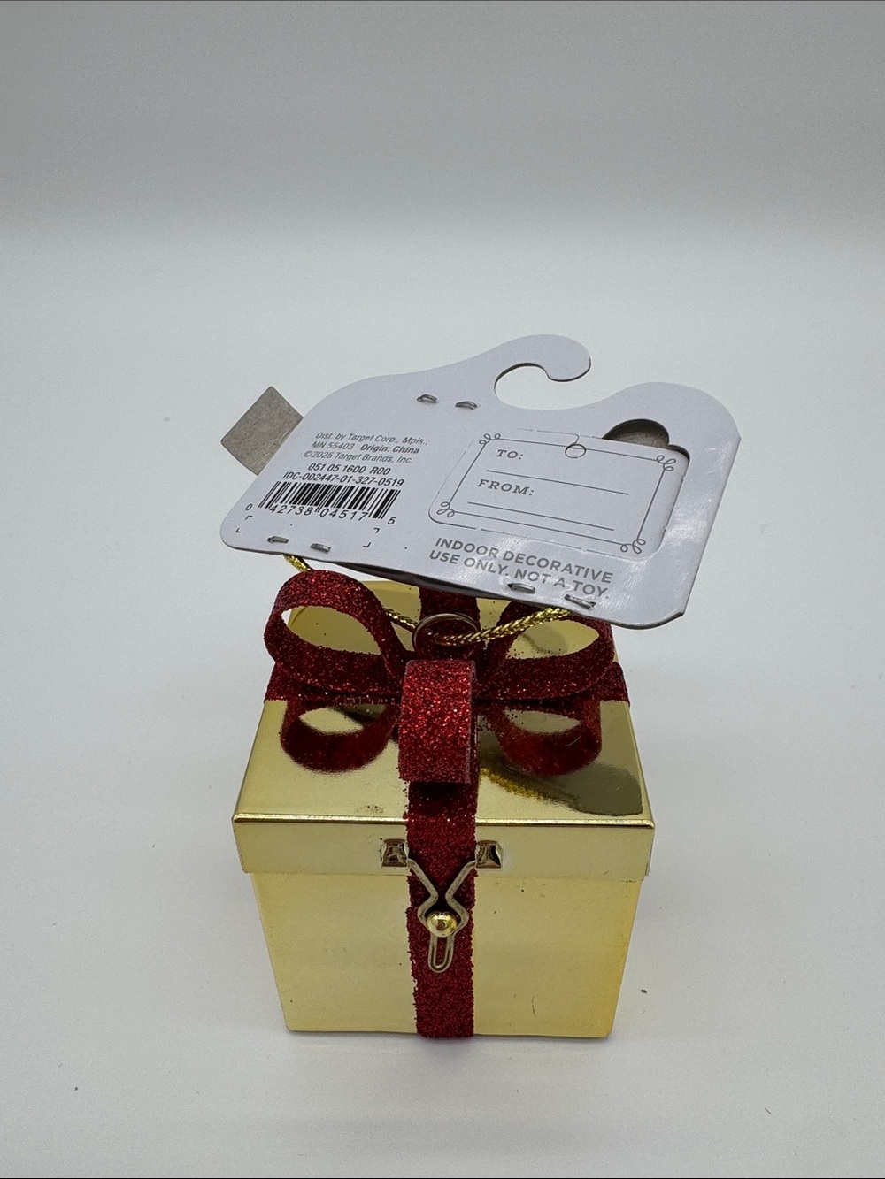 Gold Decorative Ornament Gift Box with Red Glitter Bow